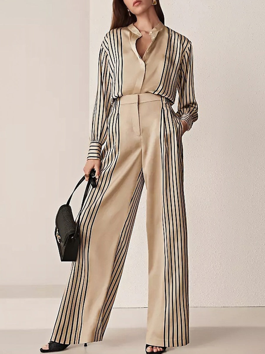 Striped Print Button Long Sleeve Pants Set
