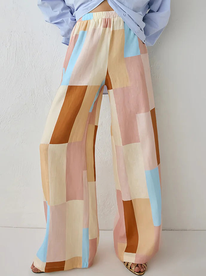 Colorblocked Plaid Wide Leg Pants