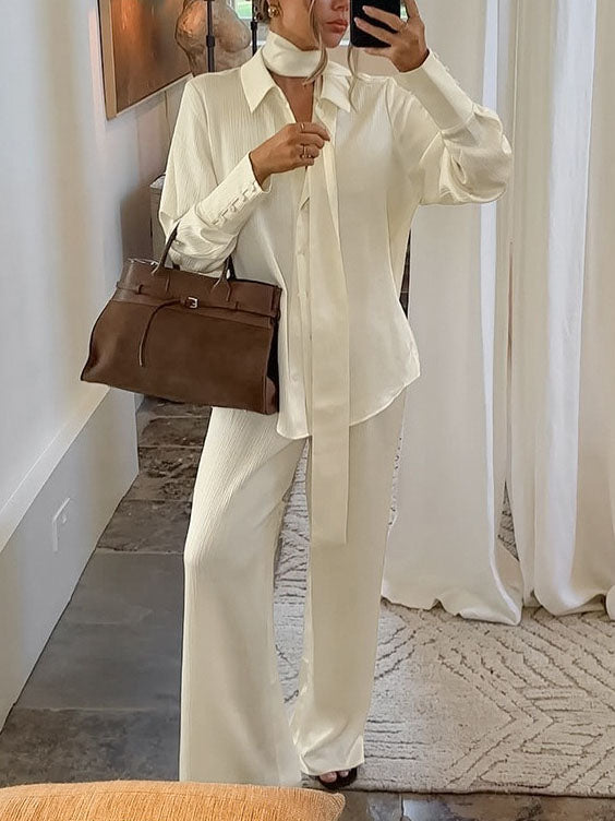 Ribbon-Tie Shirt & Pants Set