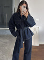 Notched Collar Belted Denim Set