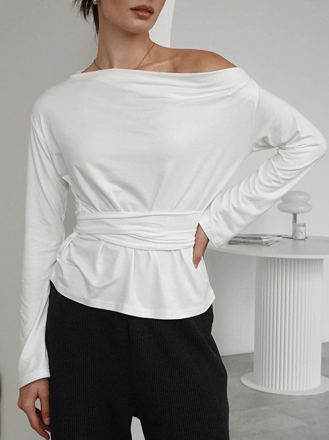 Asymmetric Shoulder Tie-Waist Long-Sleeve T-Shirt