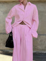 Cotton Long Sleeve Pink Wide Leg Pants Set