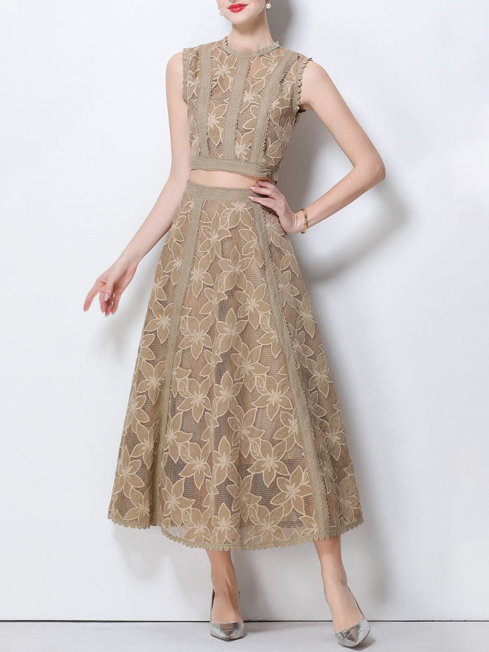 Vintage Lace Embroidered Two-Piece Skirt Set