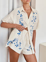 Floral Embroidery Half Sleeve Shorts Set