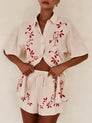 Floral Embroidery Half Sleeve Shorts Set